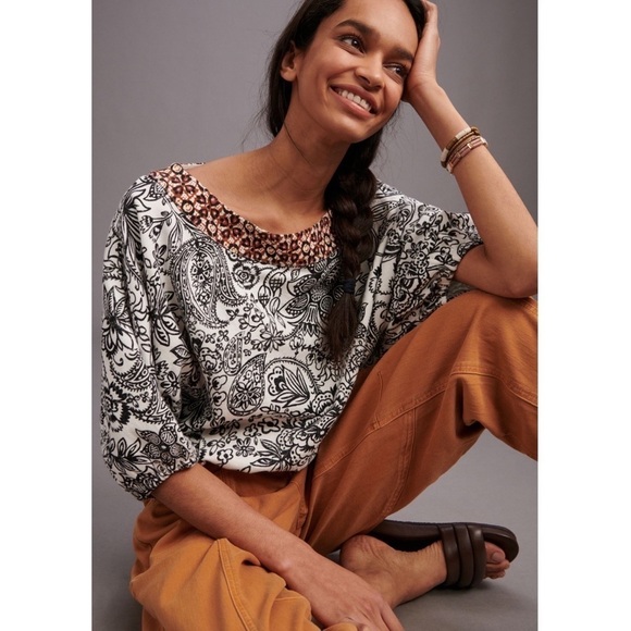 Nwt Anthropologie Samia Top Blouse Women’s tee boho Cotton Black White new - Picture 1 of 13
